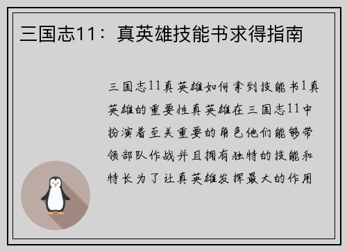 三国志11：真英雄技能书求得指南